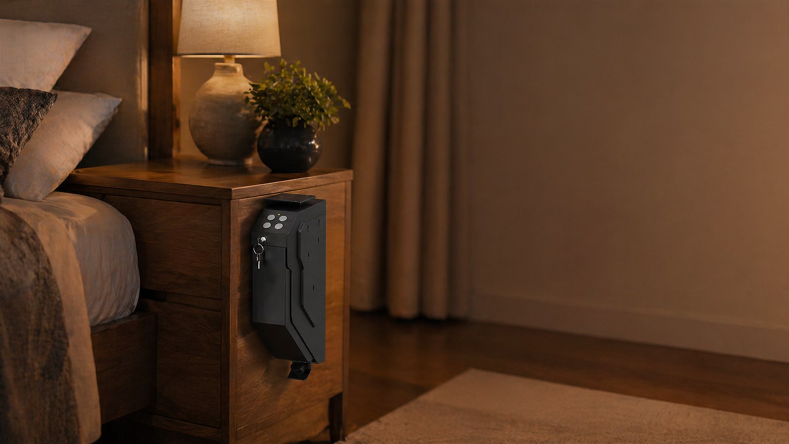 VERPROOF safe mounted beside a bedroom nightstand