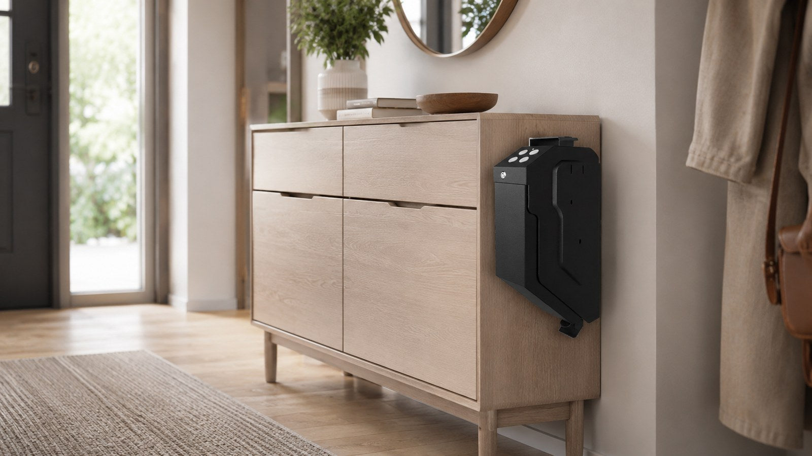 VERPROOF safe mounted beside an entryway storage cabinet